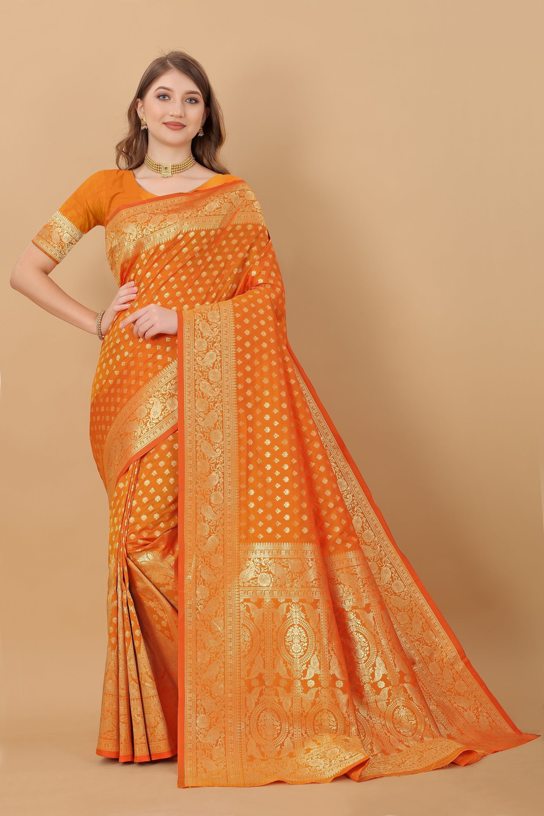 Vedant Vastram Soft Litchi Silk Kanjeevaram Saree - Orange