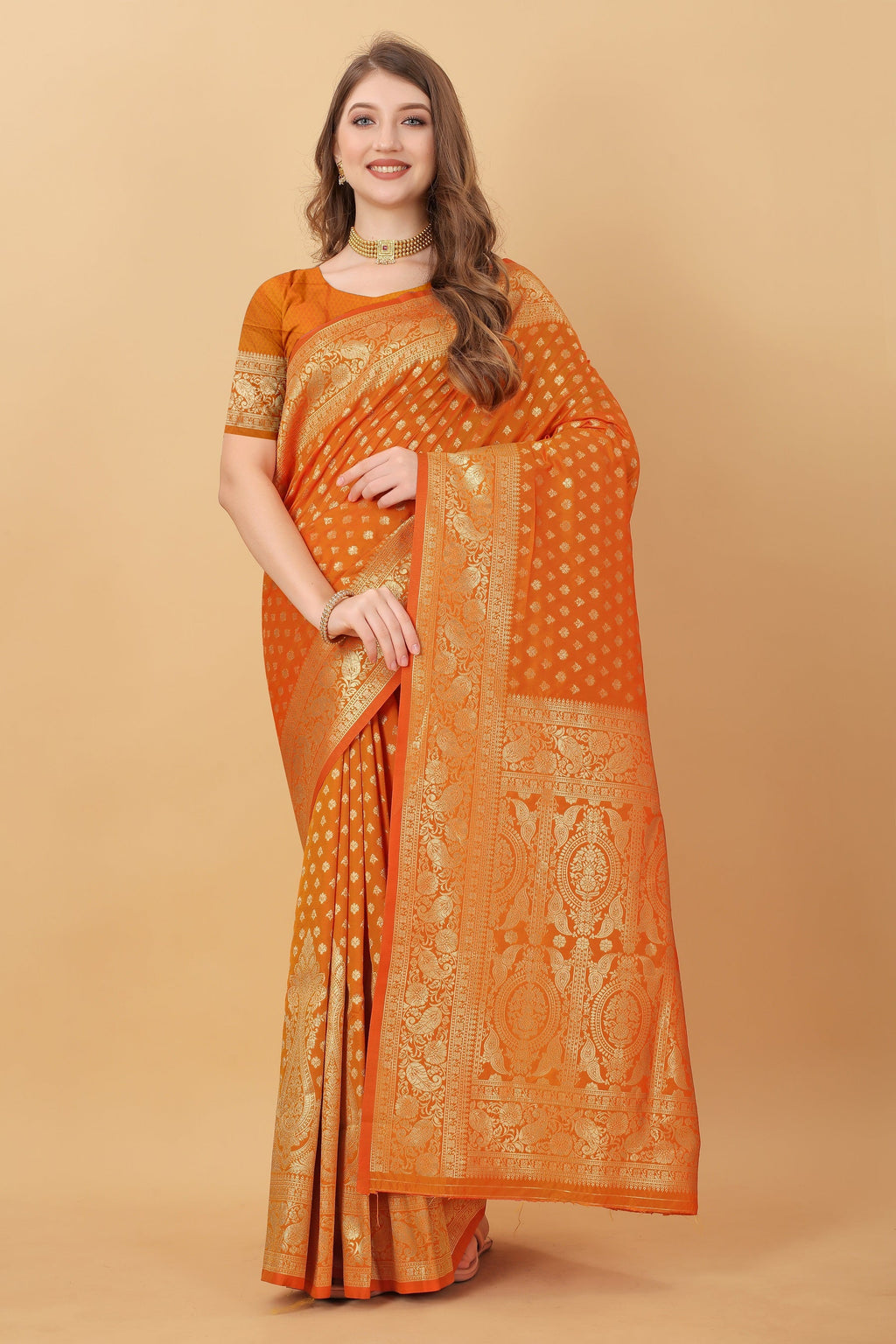 Vedant Vastram Soft Litchi Silk Kanjeevaram Saree - Orange