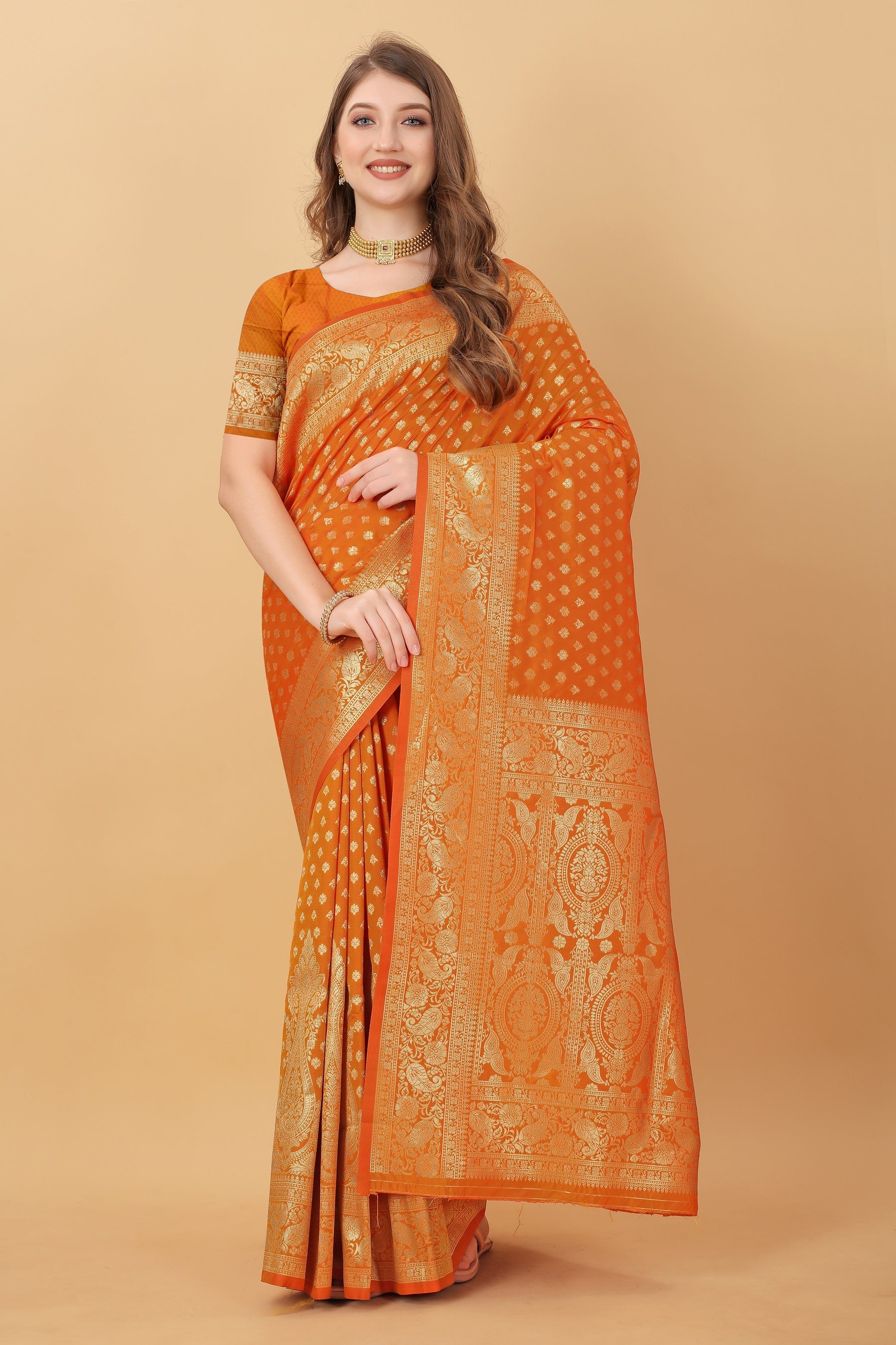 Vedant Vastram Soft Litchi Silk Kanjeevaram Saree - Orange