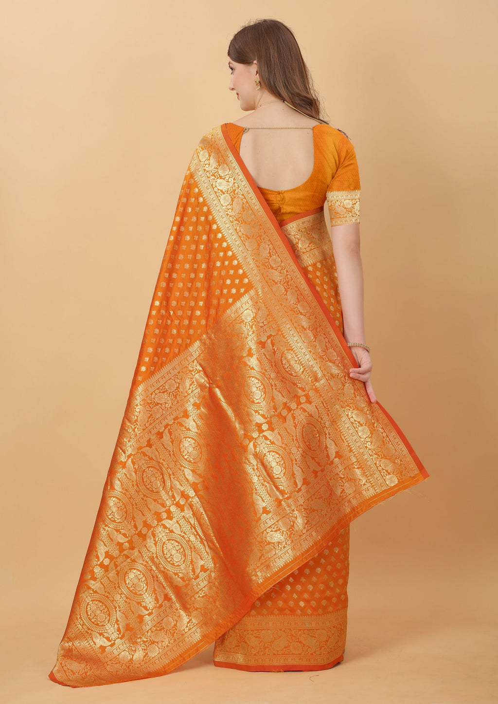 Vedant Vastram Soft Litchi Silk Kanjeevaram Saree - Orange
