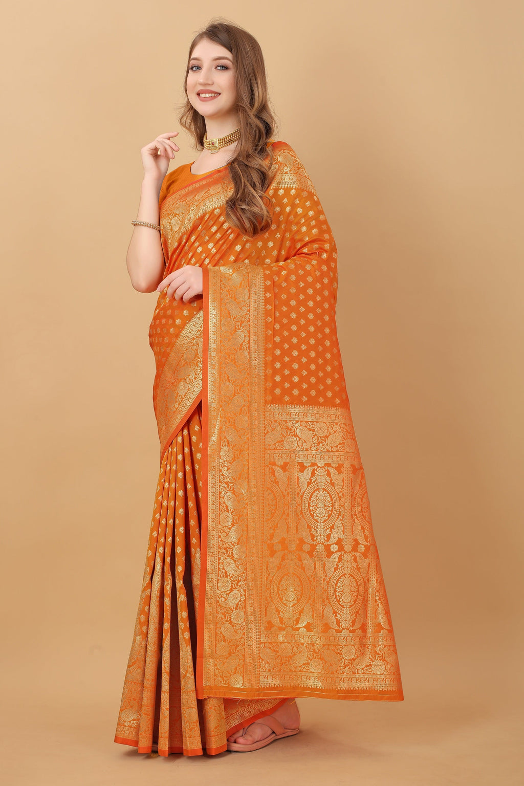 Vedant Vastram Soft Litchi Silk Kanjeevaram Saree - Orange
