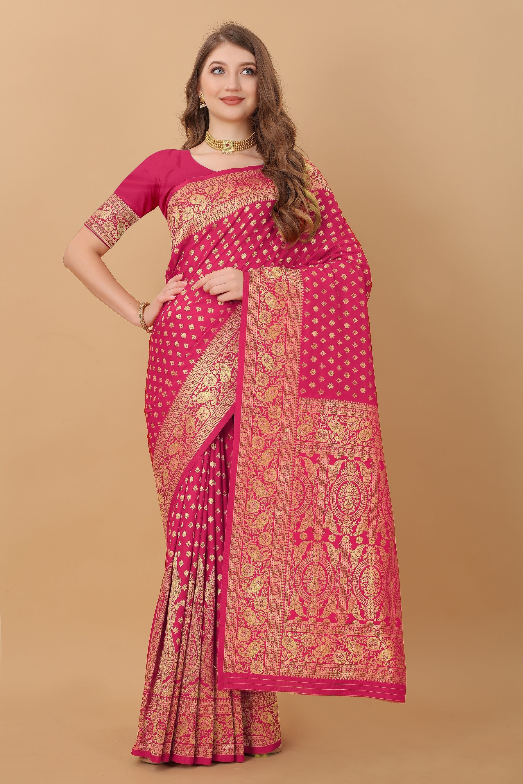Vedant Vastram Soft Litchi Silk Kanjeevaram Saree - Pink