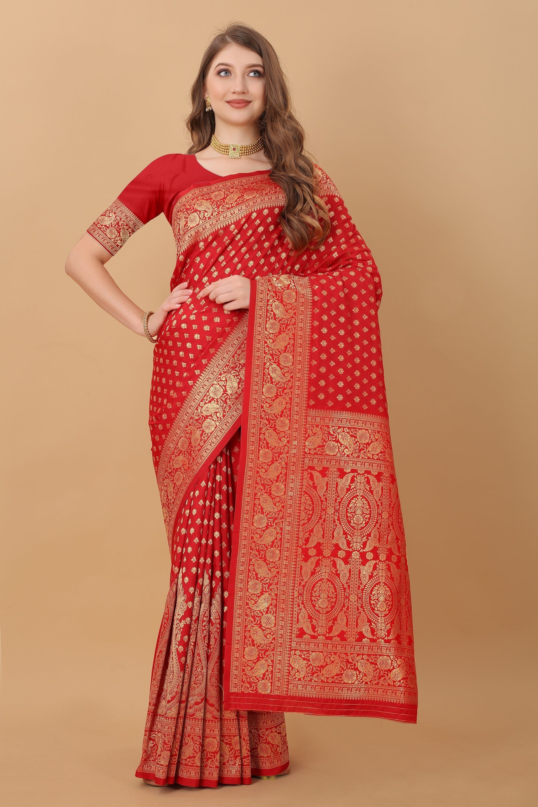 Vedant Vastram Soft Litchi Silk Kanjeevaram Saree - Red