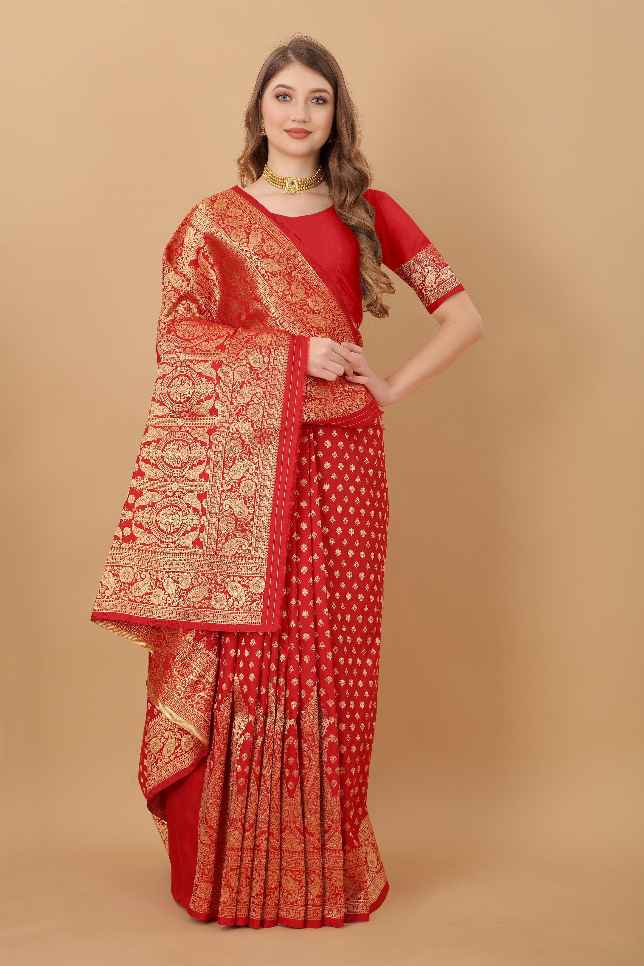 Vedant Vastram Soft Litchi Silk Kanjeevaram Saree - Red