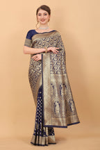 Vedant Vastram Soft Litchi Silk Kanjeevaram Saree - Navy