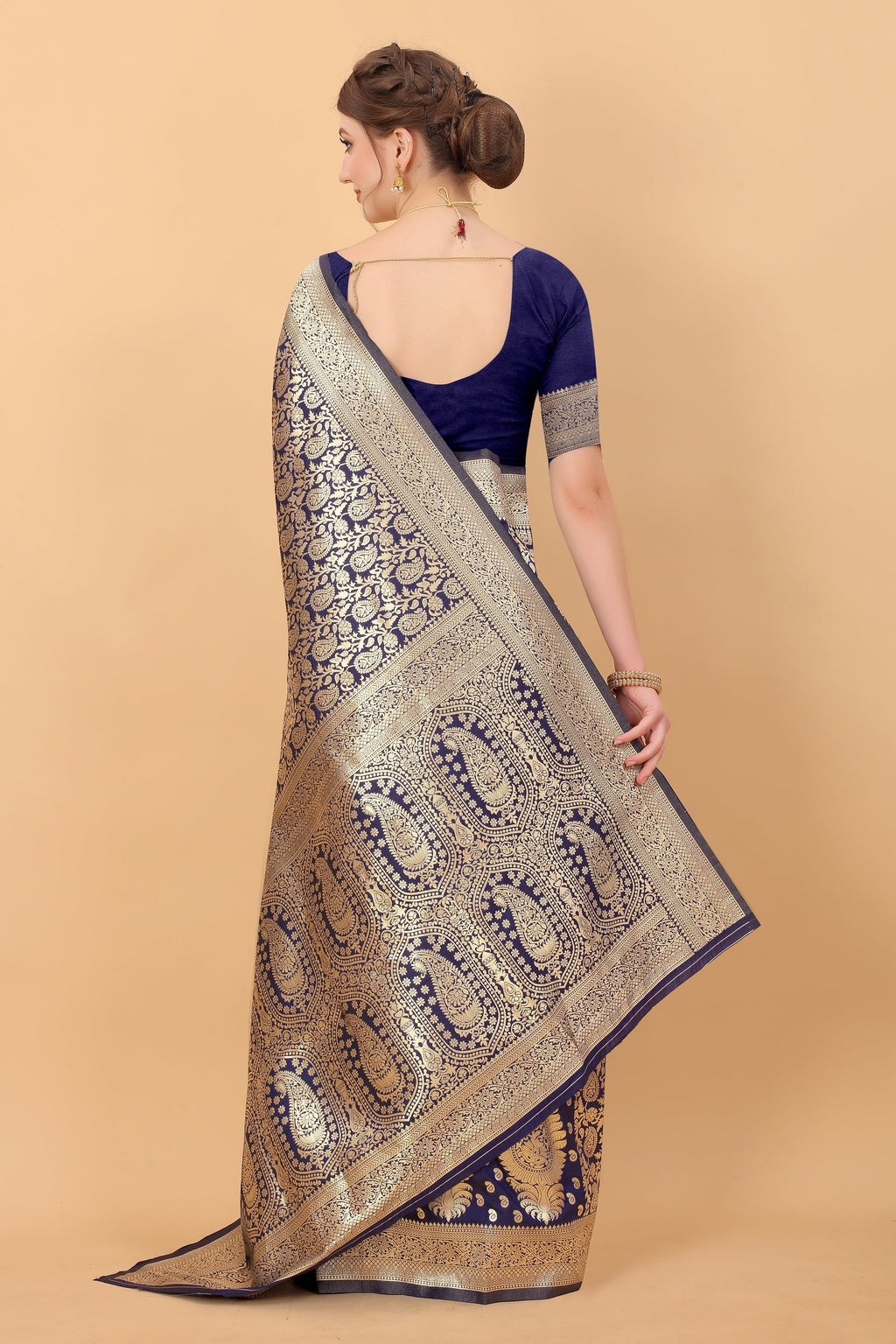Vedant Vastram Soft Litchi Silk Kanjeevaram Saree - Navy