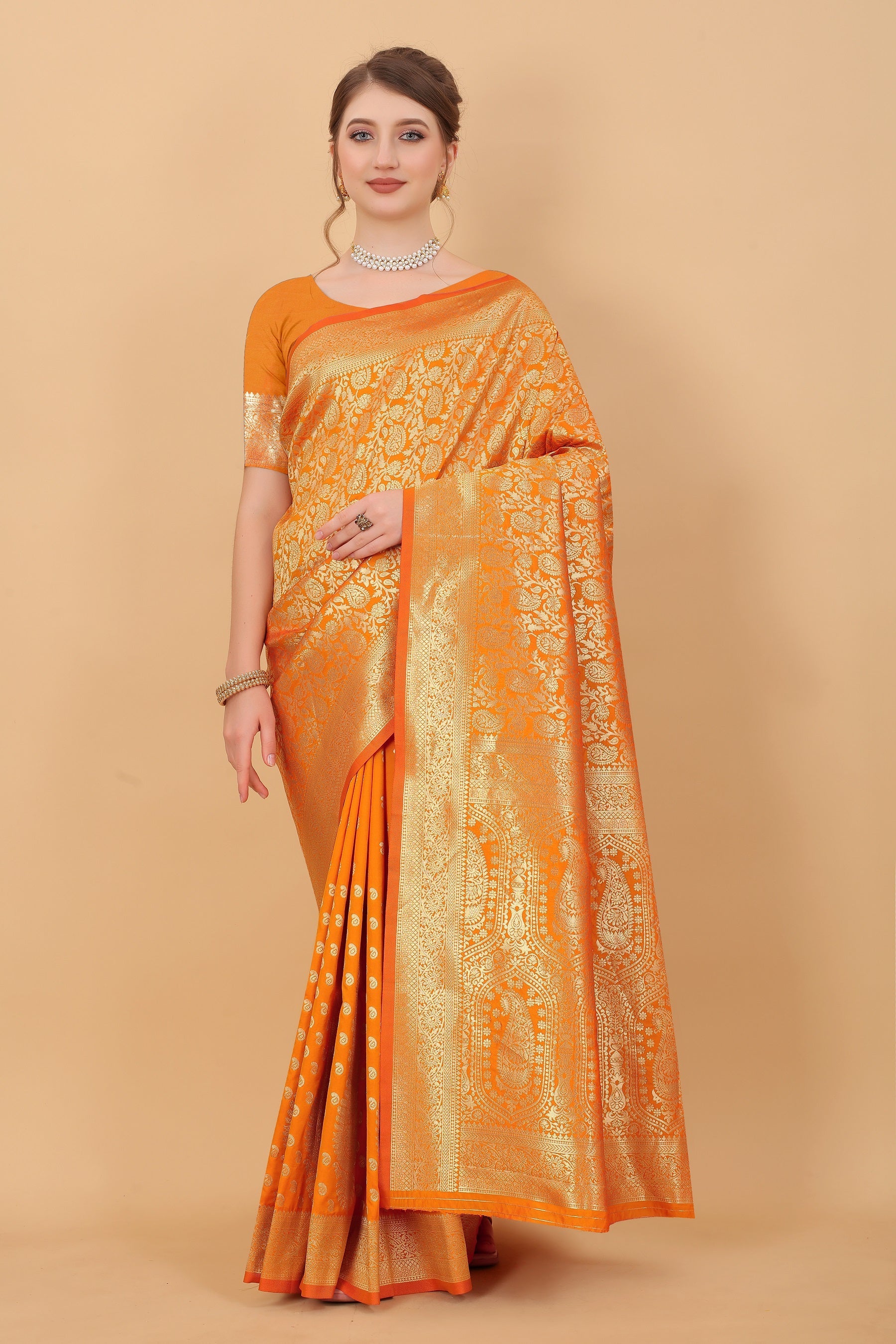 Vedant Vastram Soft Litchi Silk Kanjeevaram Saree - Orange