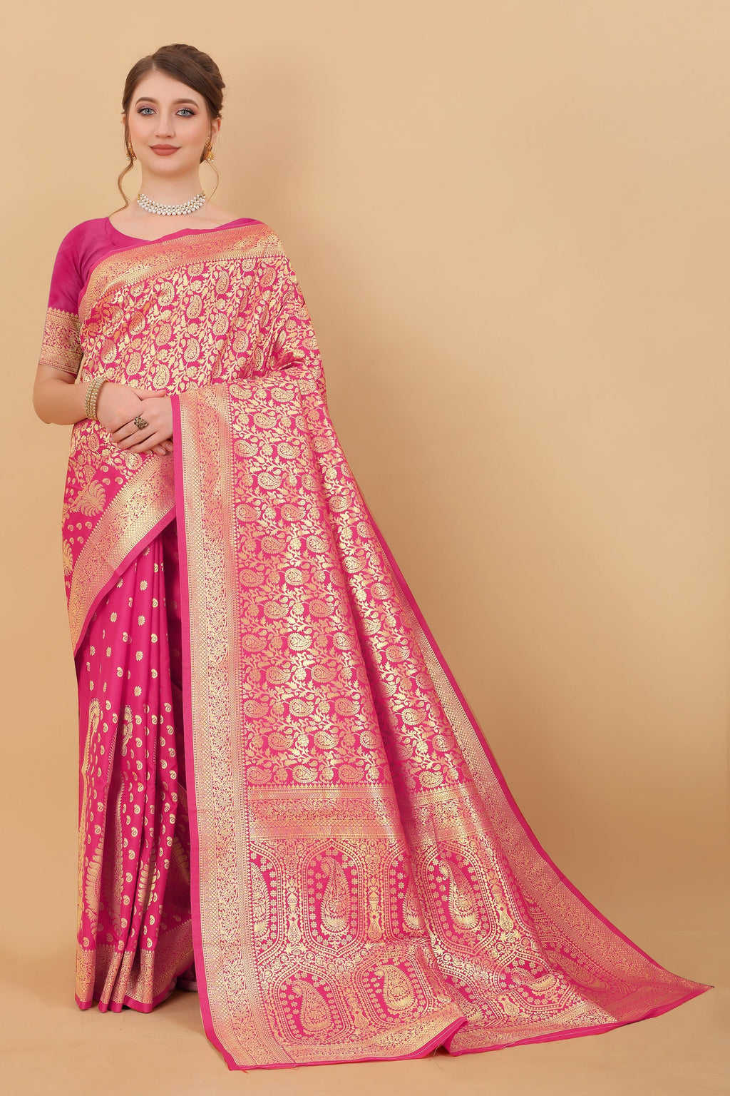 Vedant Vastram Soft Litchi Silk Kanjeevaram Saree - Pink
