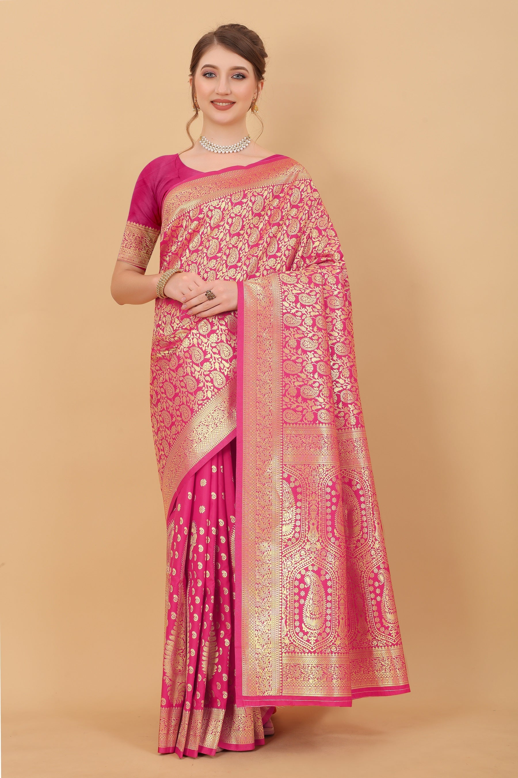 Vedant Vastram Soft Litchi Silk Kanjeevaram Saree - Pink