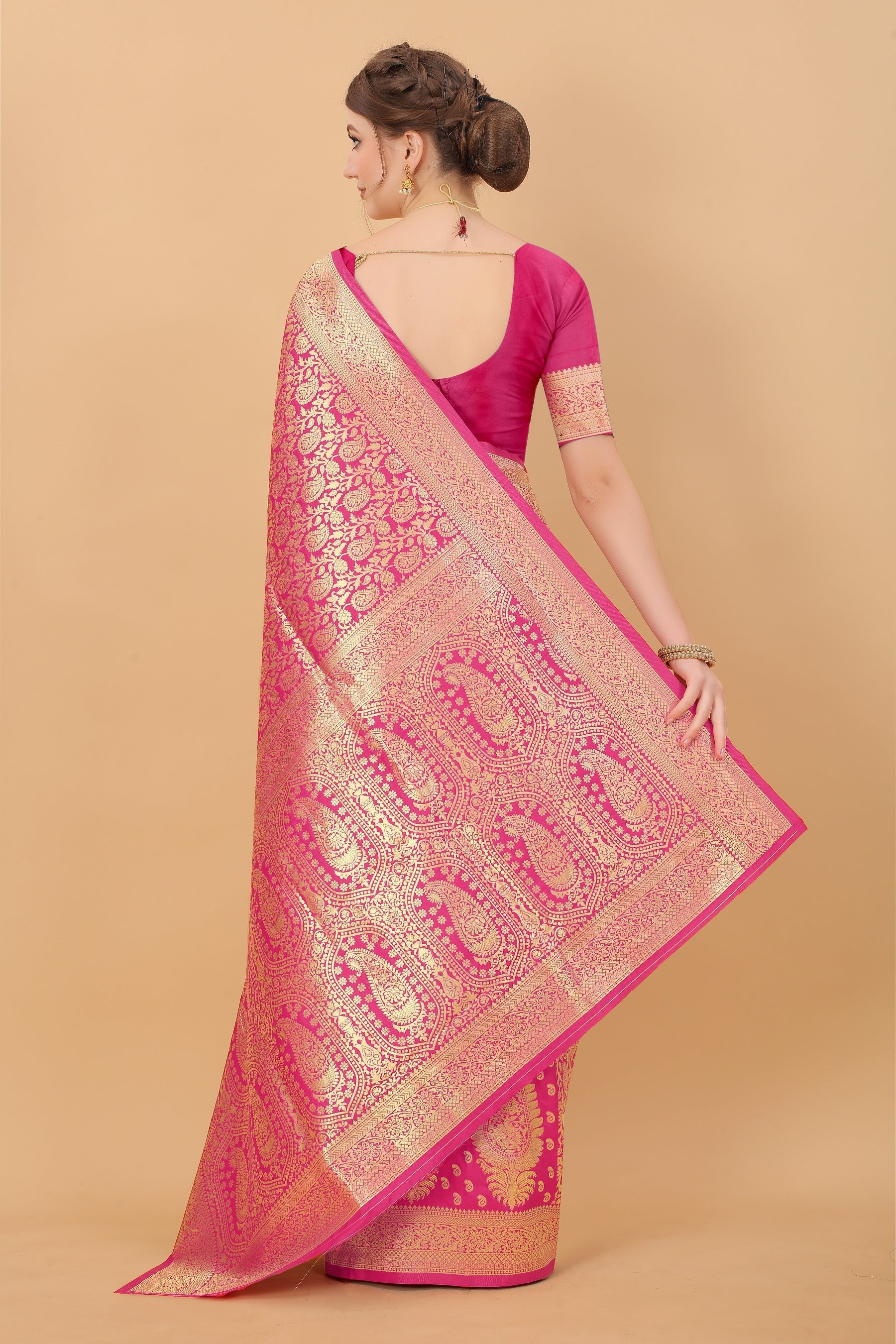 Vedant Vastram Soft Litchi Silk Kanjeevaram Saree - Pink