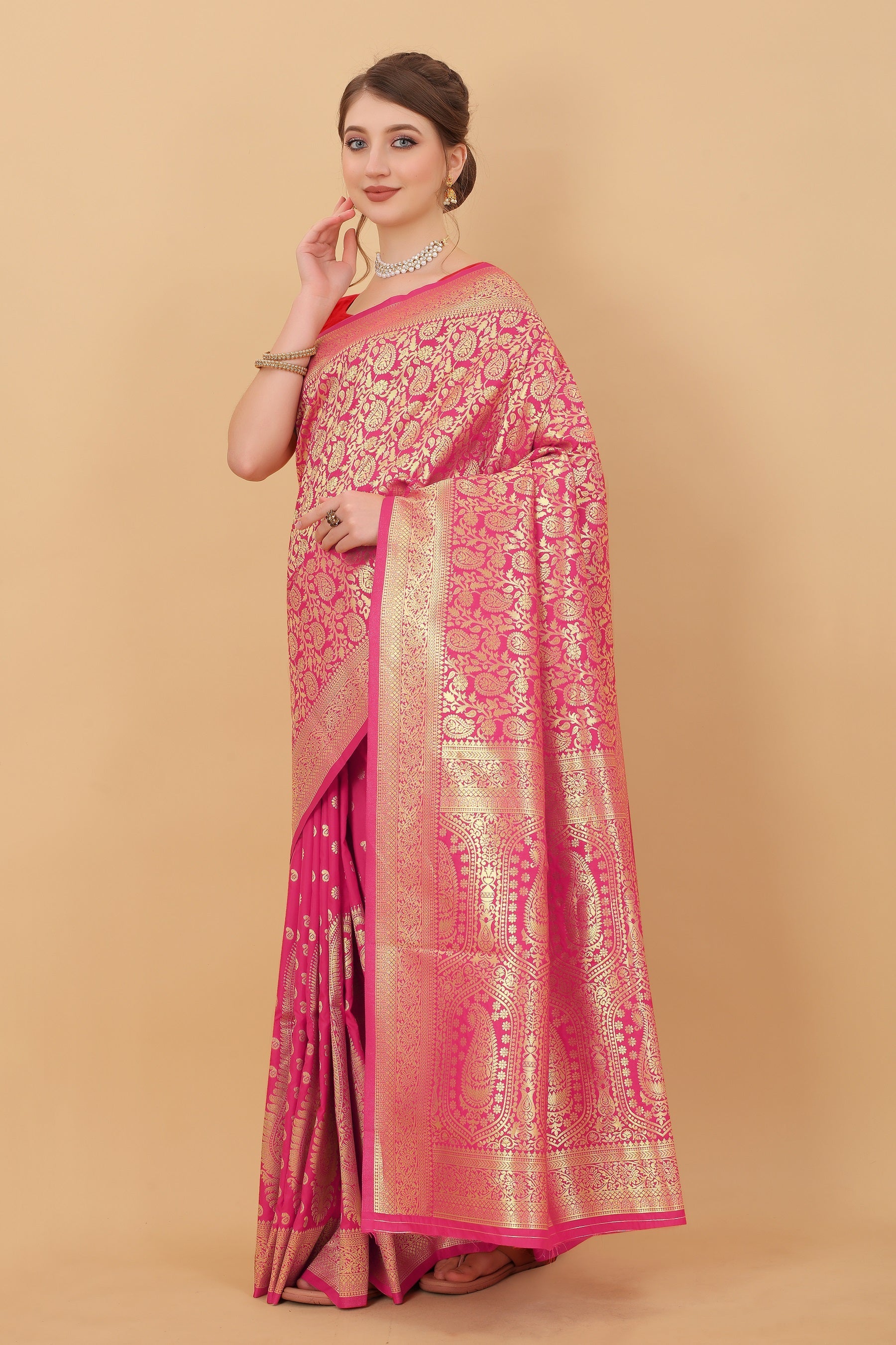 Vedant Vastram Soft Litchi Silk Kanjeevaram Saree - Pink