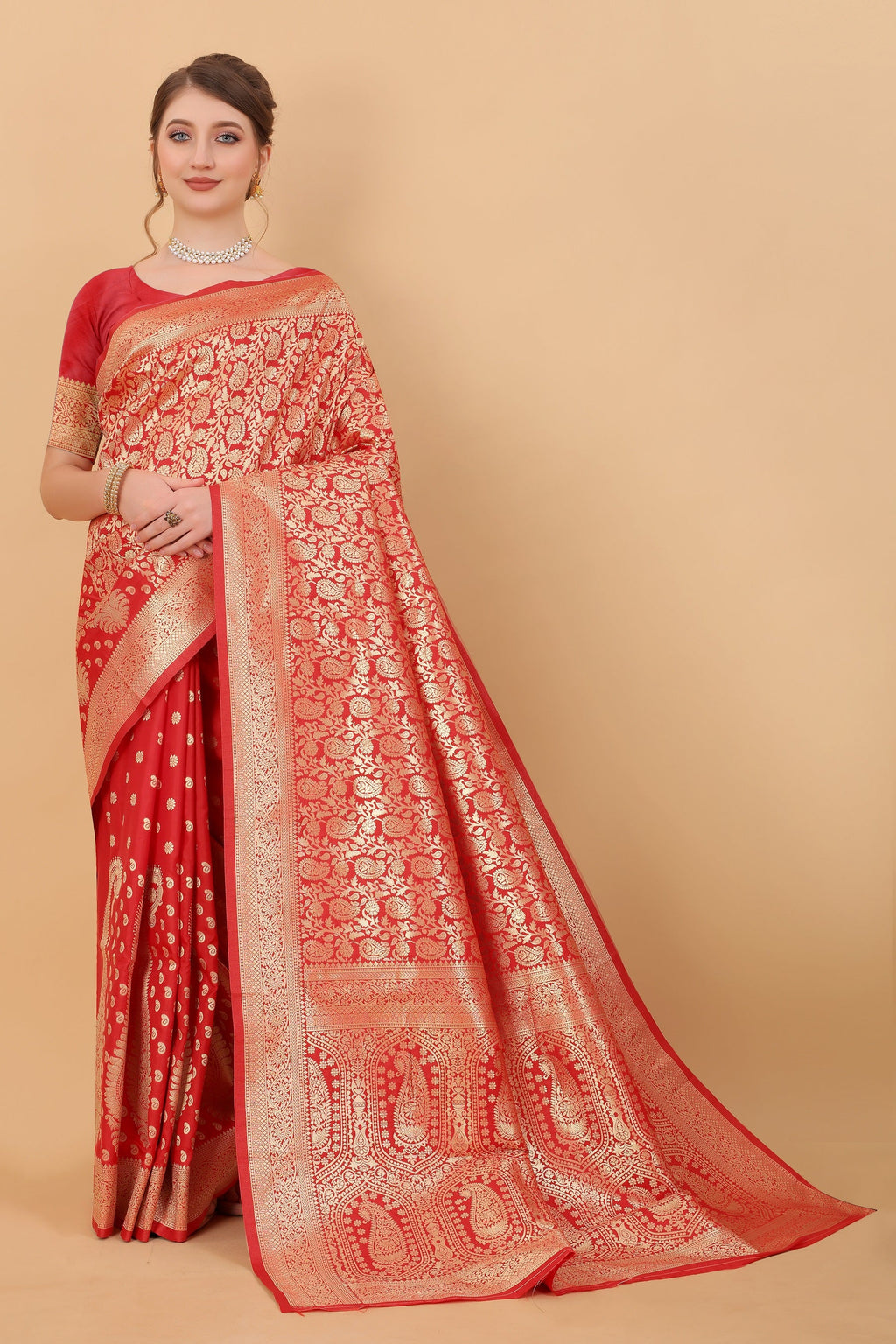 Vedant Vastram Soft Litchi Silk Kanjeevaram Saree - Red