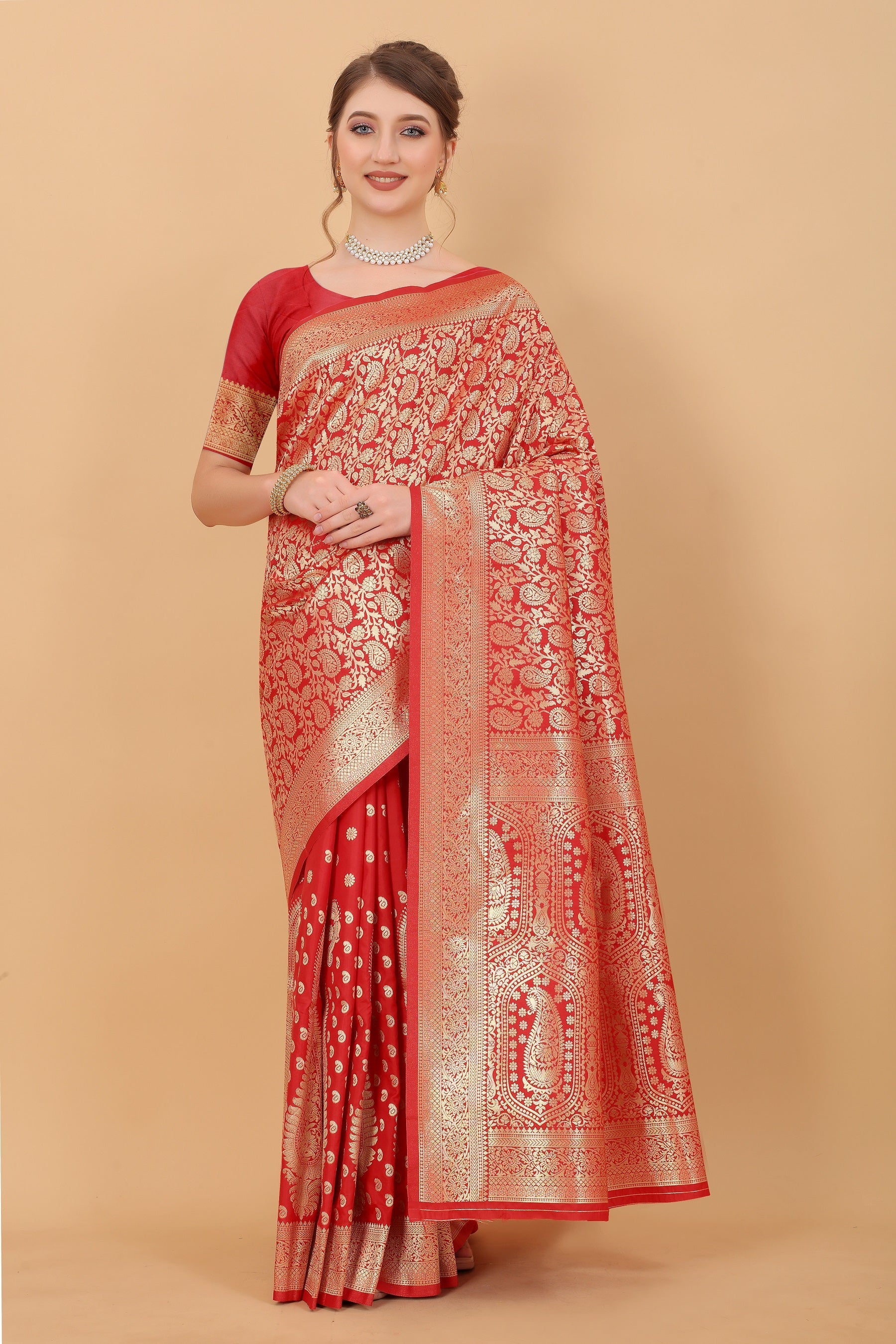 Vedant Vastram Soft Litchi Silk Kanjeevaram Saree - Red