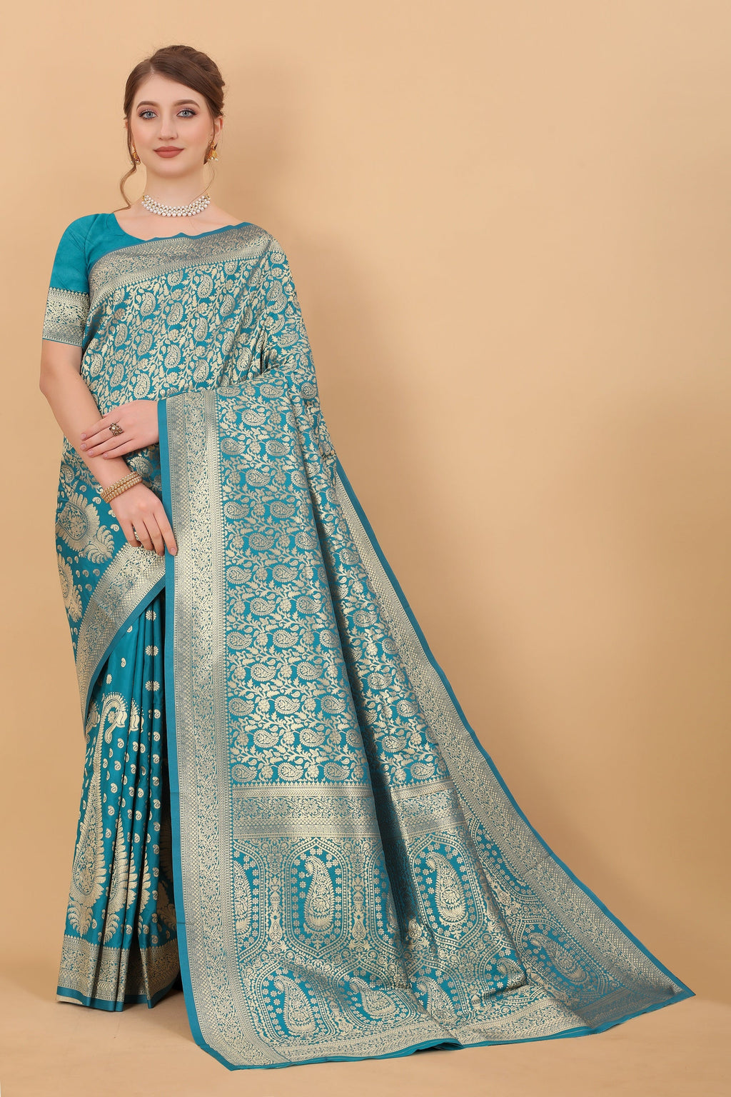 Vedant Vastram Soft Litchi Silk Kanjeevaram Saree - Turquoise