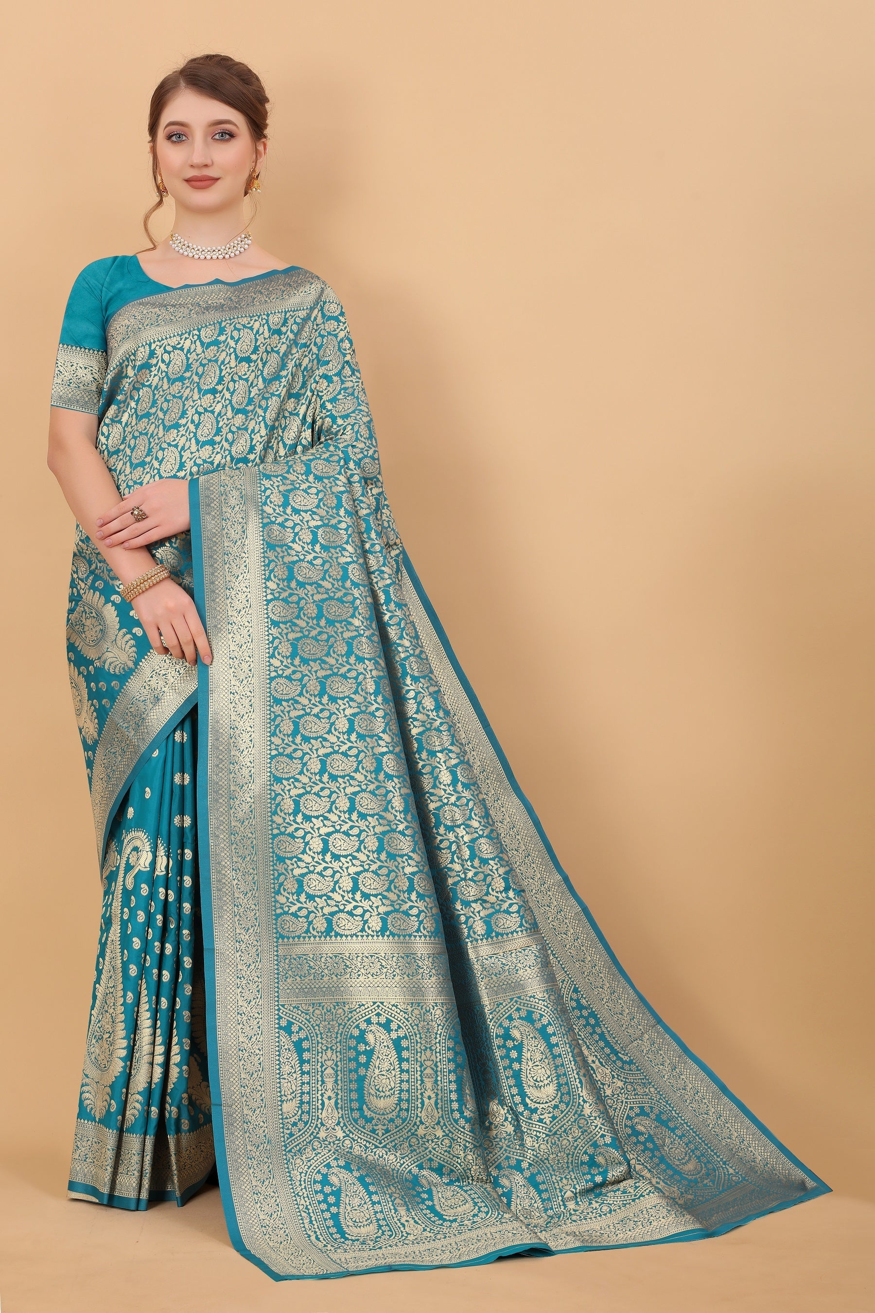 Vedant Vastram Soft Litchi Silk Kanjeevaram Saree - Turquoise
