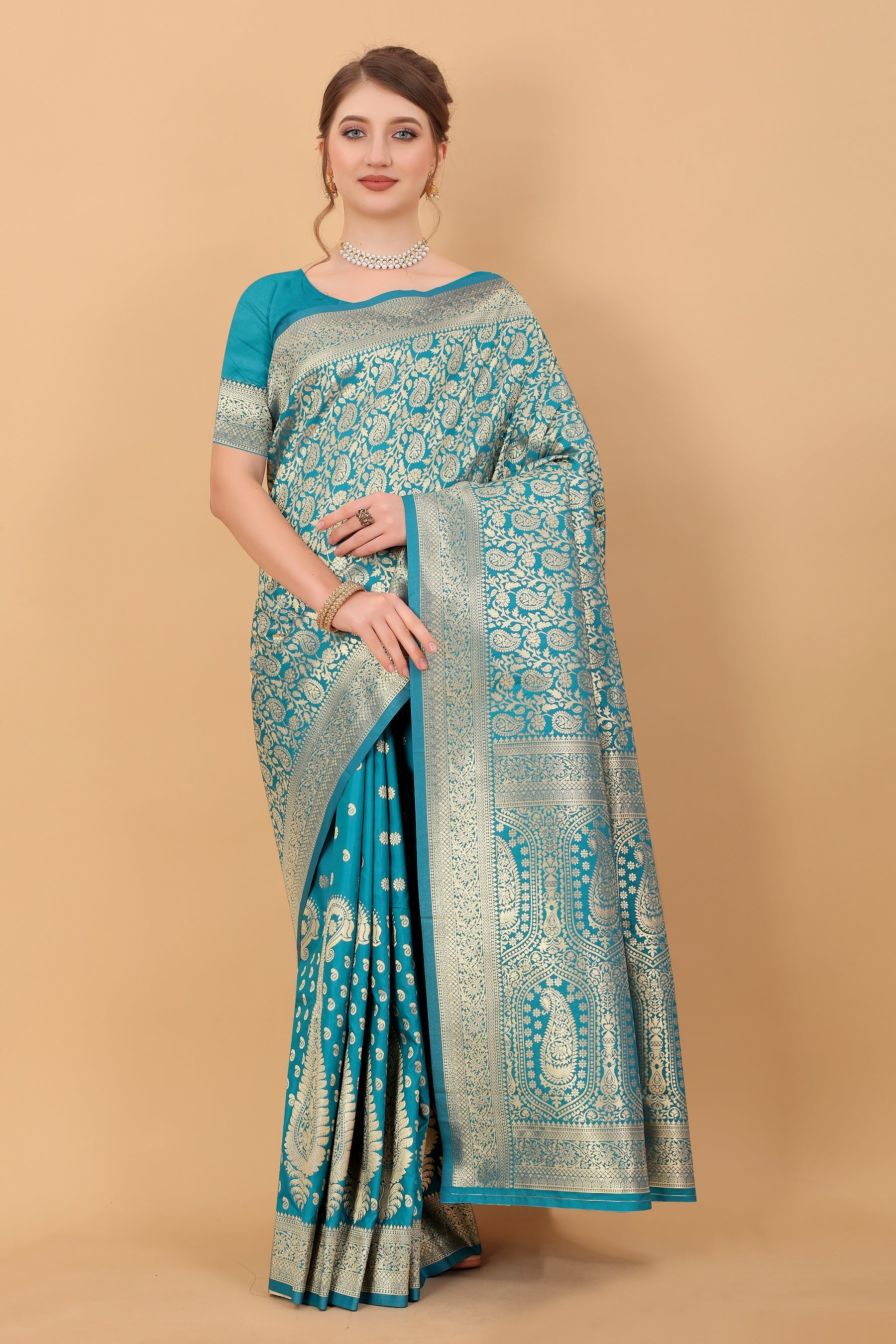 Vedant Vastram Soft Litchi Silk Kanjeevaram Saree - Turquoise