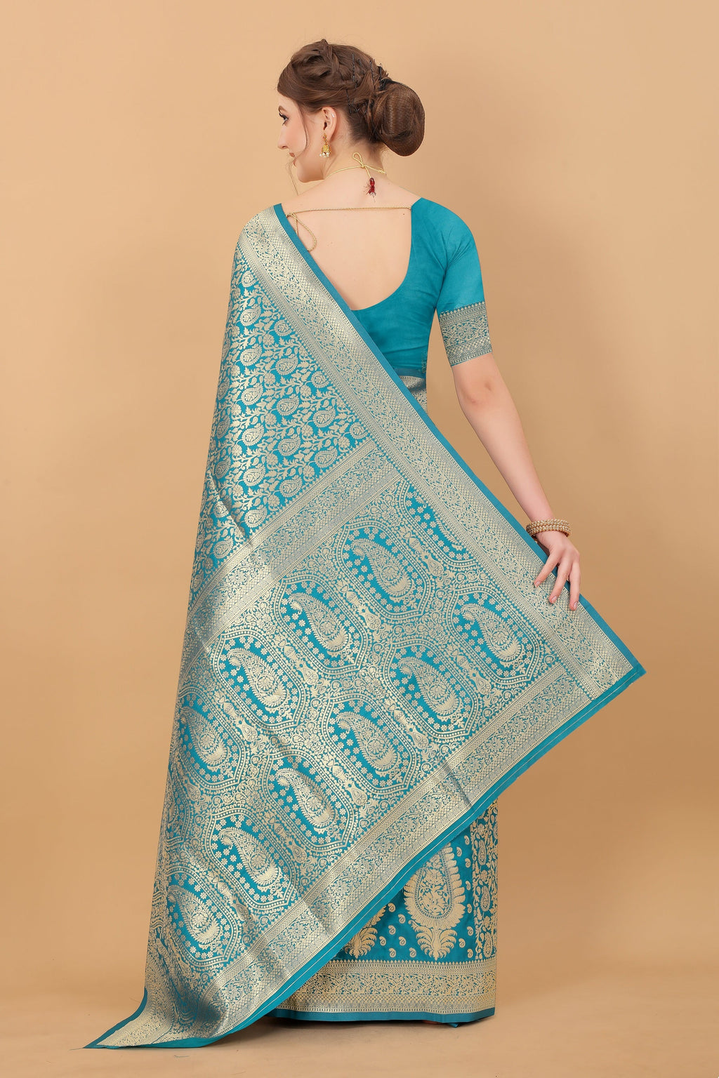 Vedant Vastram Soft Litchi Silk Kanjeevaram Saree - Turquoise