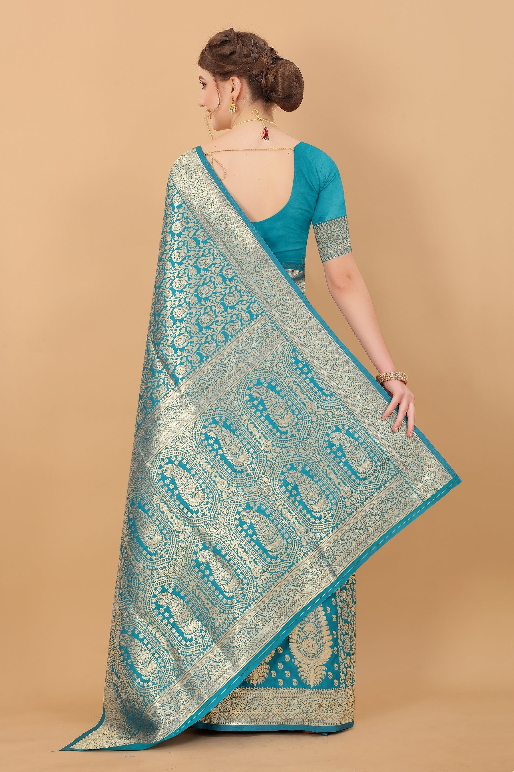 Vedant Vastram Soft Litchi Silk Kanjeevaram Saree - Turquoise