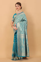 Vedant Vastram Soft Litchi Silk Kanjeevaram Saree - Turquoise