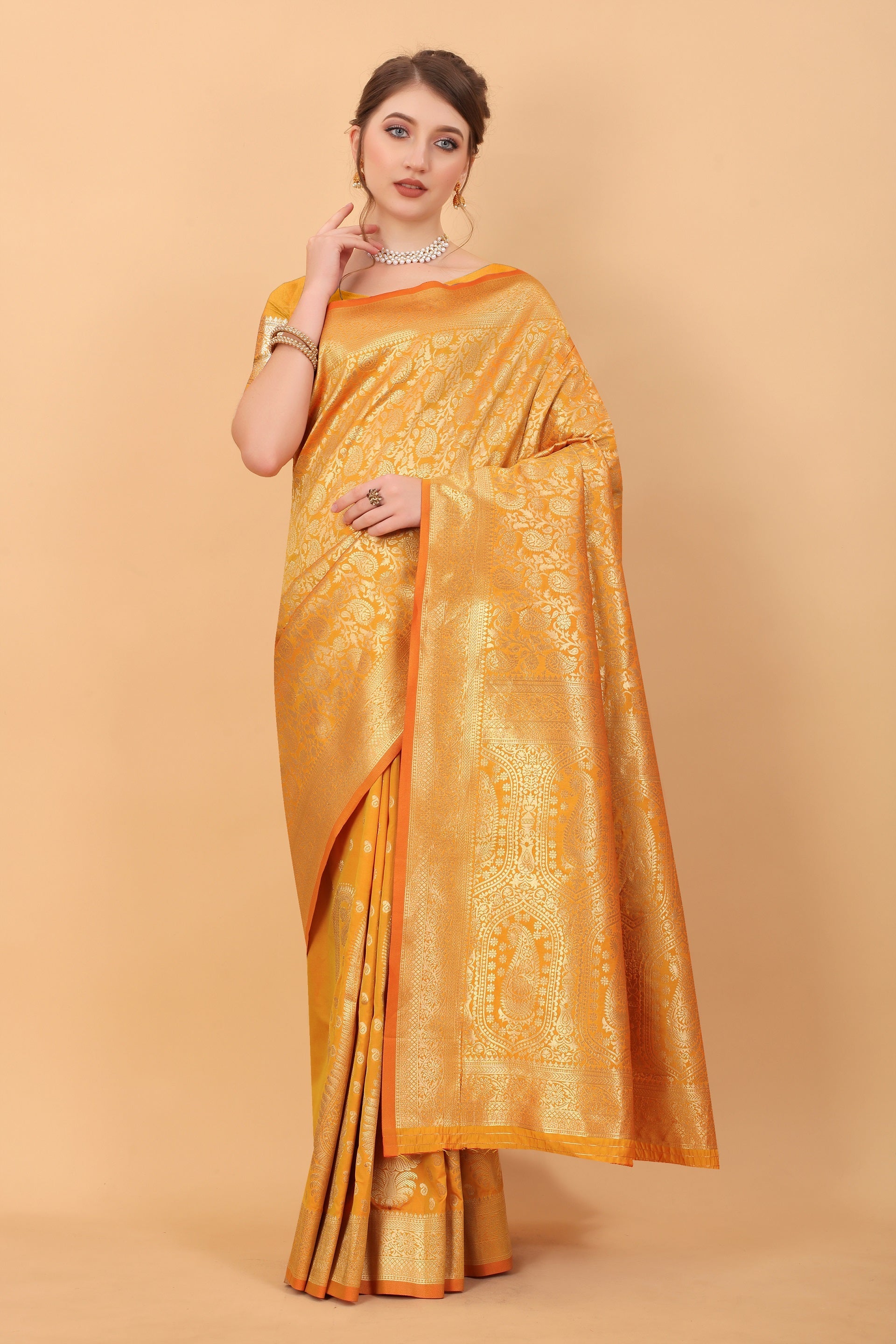 Vedant Vastram Soft Litchi Silk Kanjeevaram Saree - Yellow