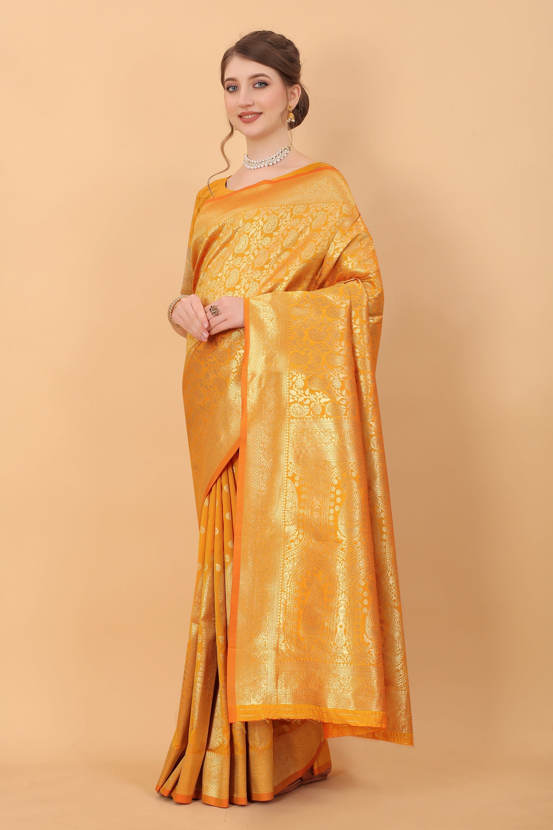 Vedant Vastram Soft Litchi Silk Kanjeevaram Saree - Yellow