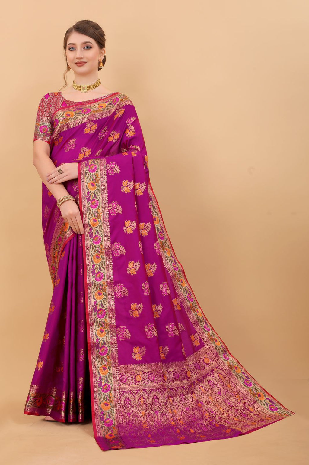 Vedant Vastram Soft Litchi Silk Kanjeevaram Saree - Magenta