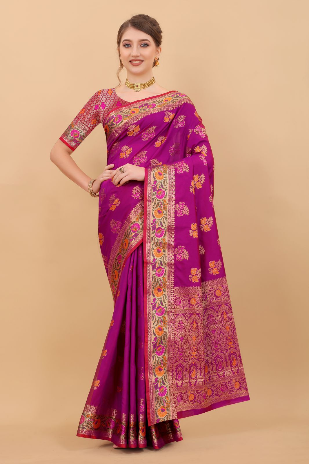 Vedant Vastram Soft Litchi Silk Kanjeevaram Saree - Magenta