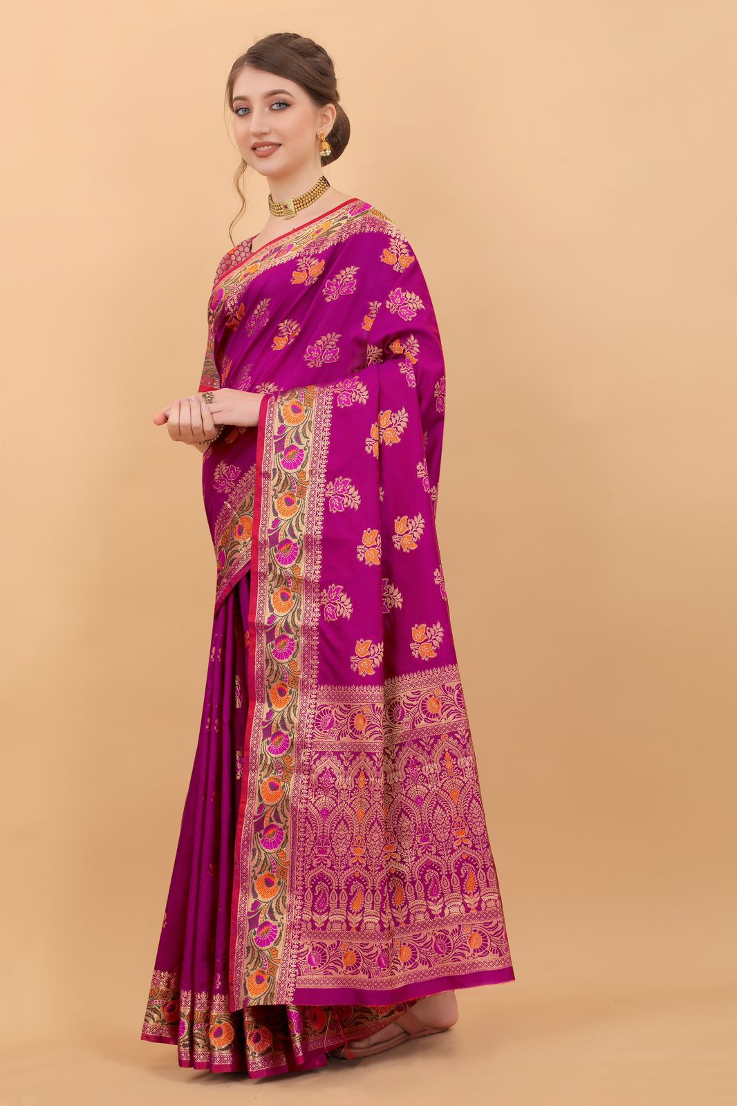 Vedant Vastram Soft Litchi Silk Kanjeevaram Saree - Magenta