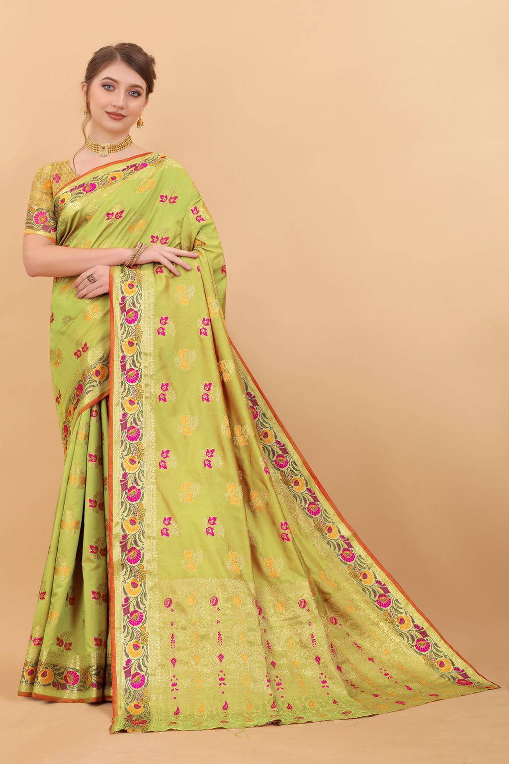 Vedant Vastram Soft Litchi Silk Kanjeevaram Saree - Parrot