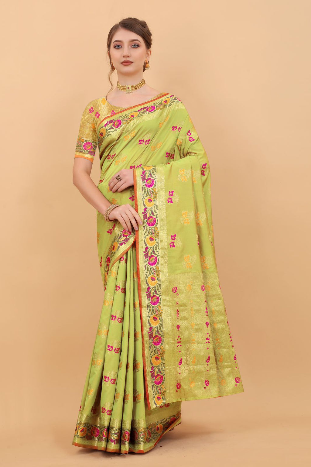 Vedant Vastram Soft Litchi Silk Kanjeevaram Saree - Parrot