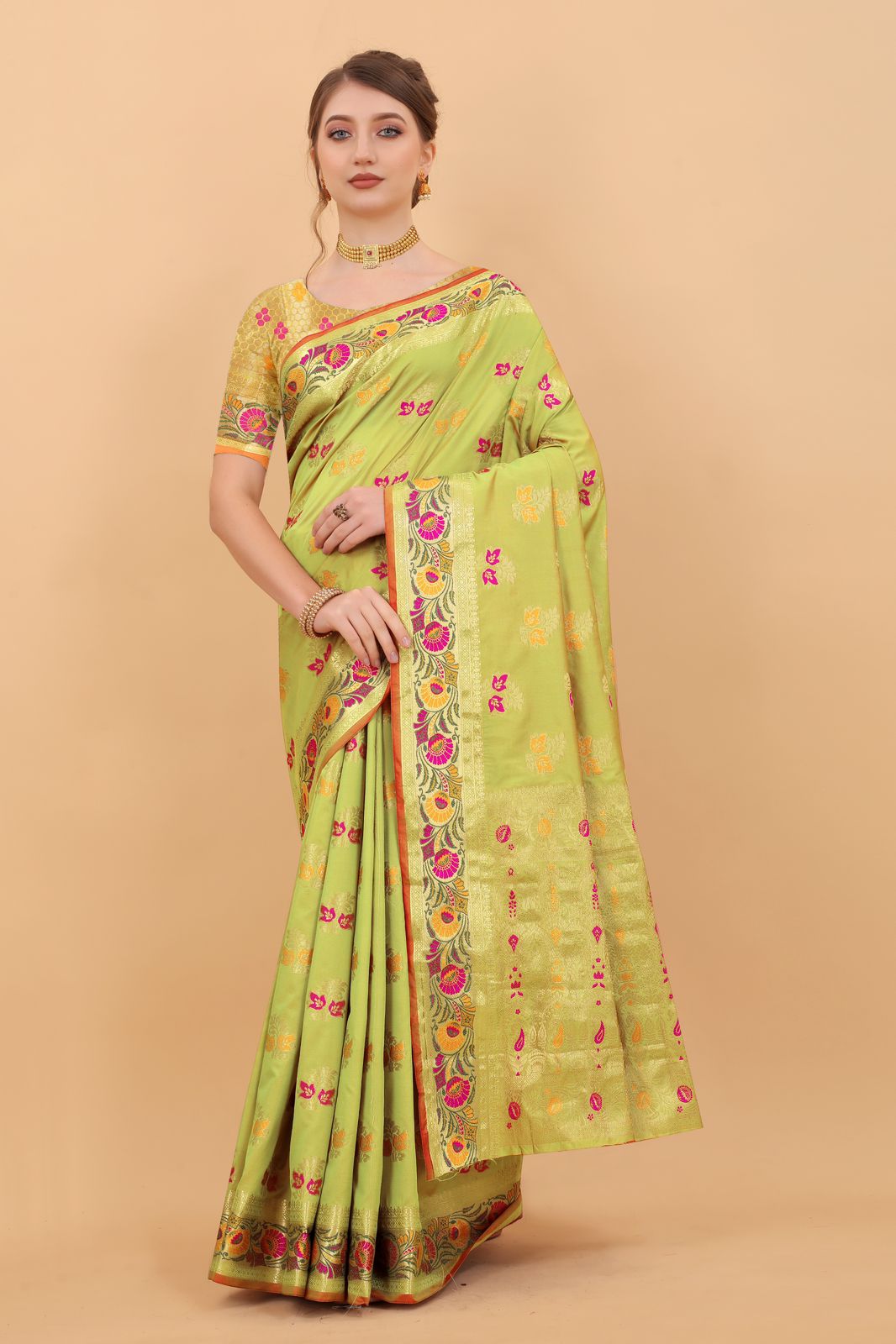 Vedant Vastram Soft Litchi Silk Kanjeevaram Saree - Parrot