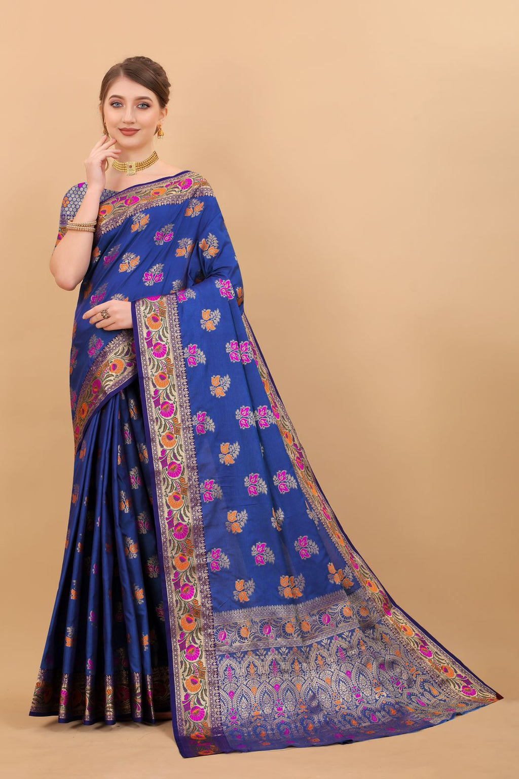 Vedant Vastram Soft Litchi Silk Kanjeevaram Saree - Royal Blue