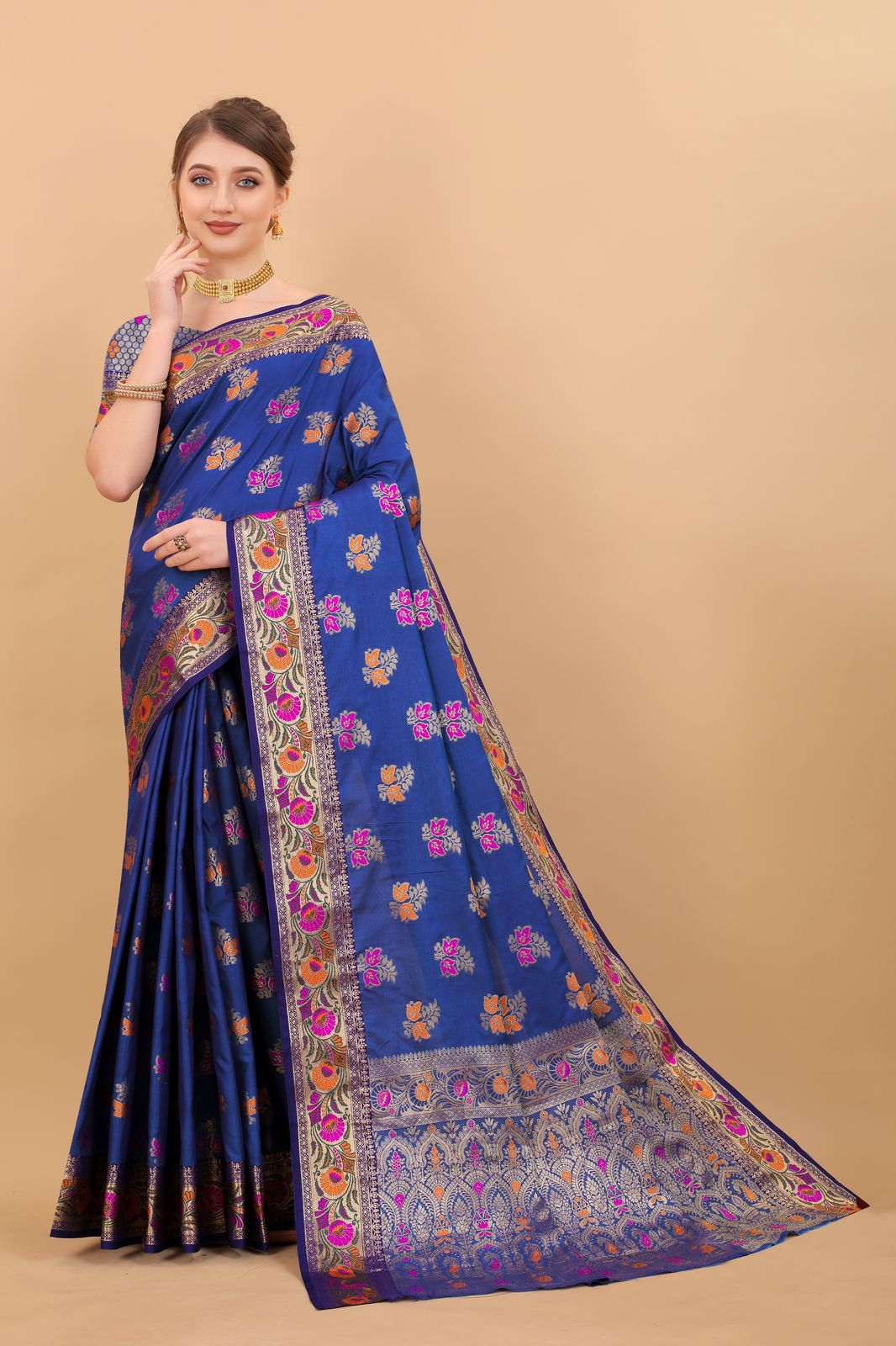 Vedant Vastram Soft Litchi Silk Kanjeevaram Saree - Royal Blue