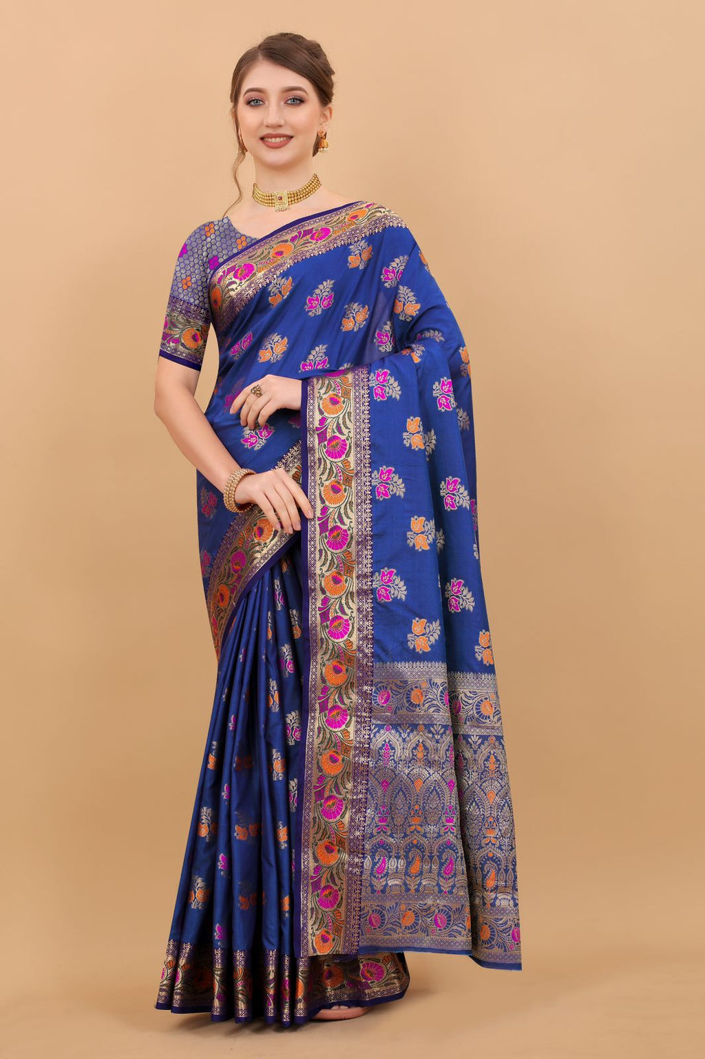 Vedant Vastram Soft Litchi Silk Kanjeevaram Saree - Royal Blue