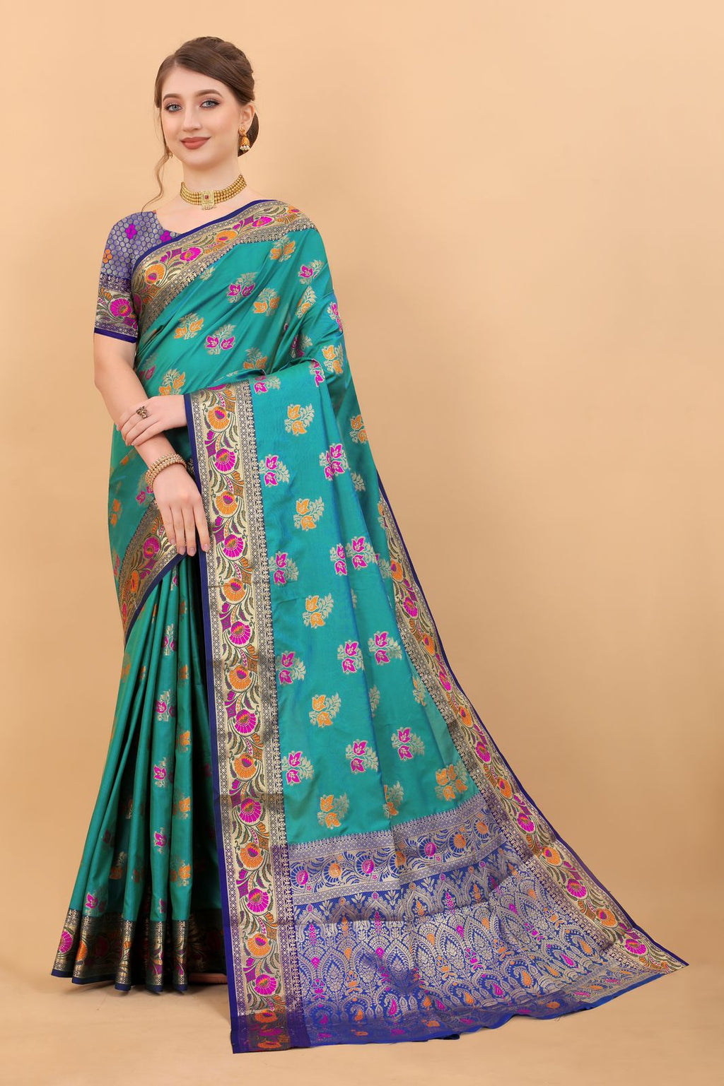 Vedant Vastram Soft Litchi Silk Kanjeevaram Saree - Rama