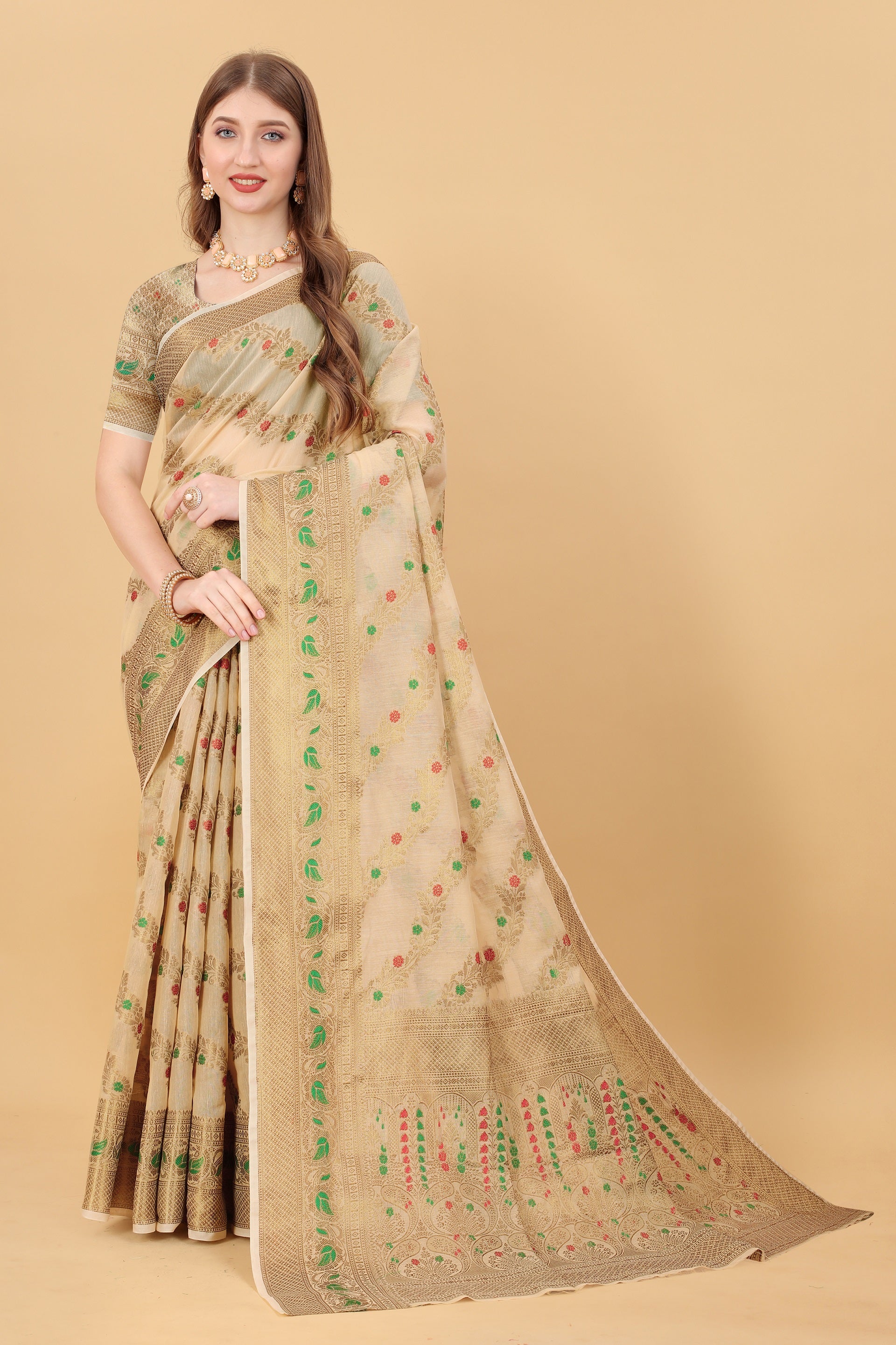 Vedant Vastram Soft Cotton Silk Banarasi Silk Saree - Beige