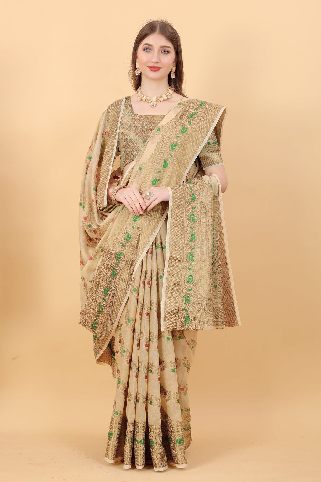 Vedant Vastram Soft Cotton Silk Banarasi Silk Saree - Beige