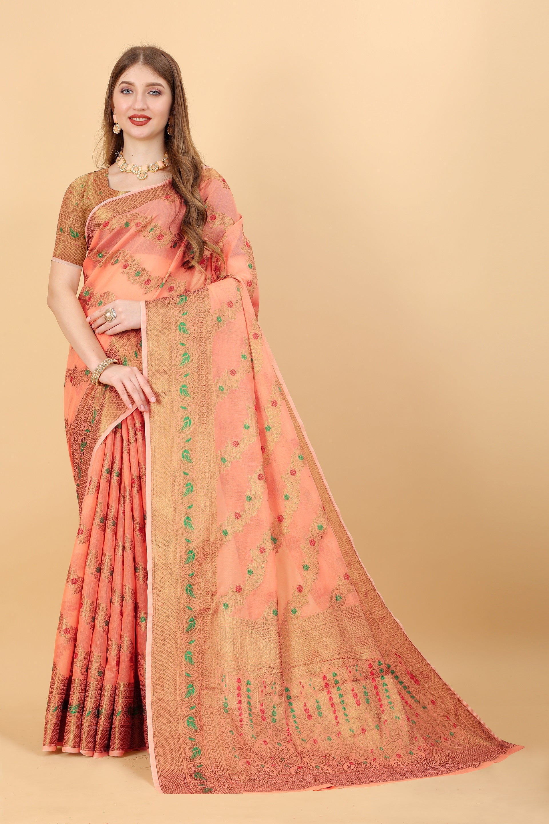 Vedant Vastram Soft Cotton Silk Banarasi Silk Saree - Peach