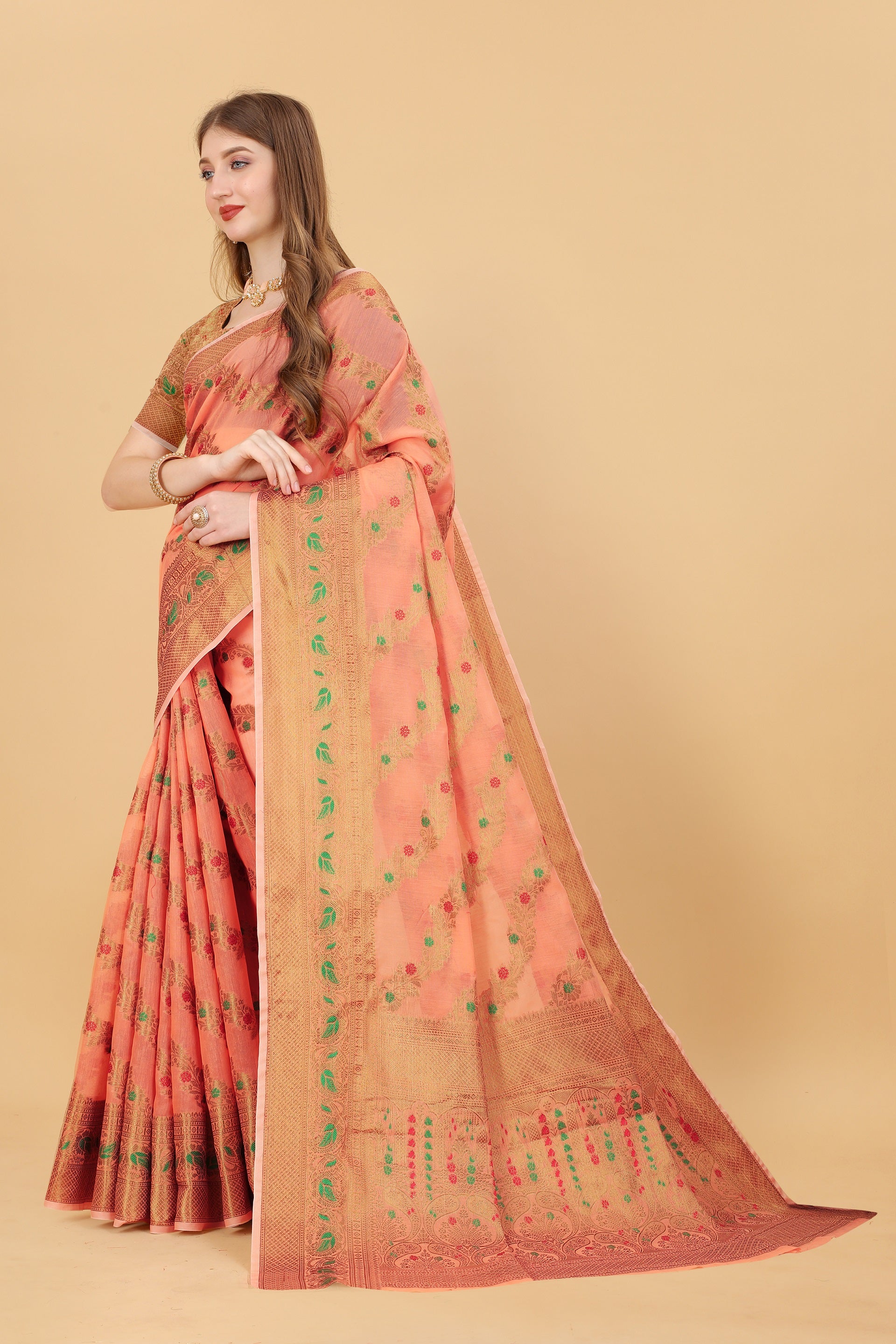 Vedant Vastram Soft Cotton Silk Banarasi Silk Saree - Peach