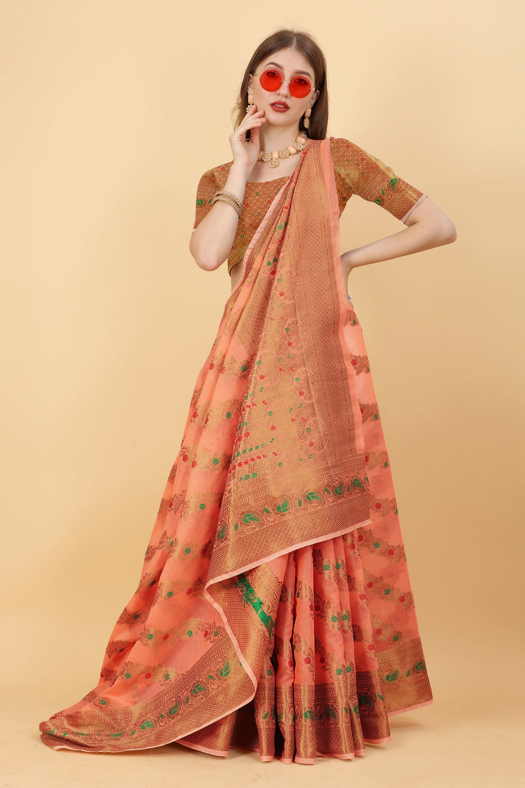 Vedant Vastram Soft Cotton Silk Banarasi Silk Saree - Peach