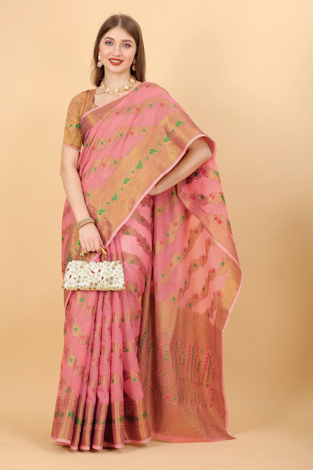 Vedant Vastram Soft Cotton Silk Banarasi Silk Saree - Pink