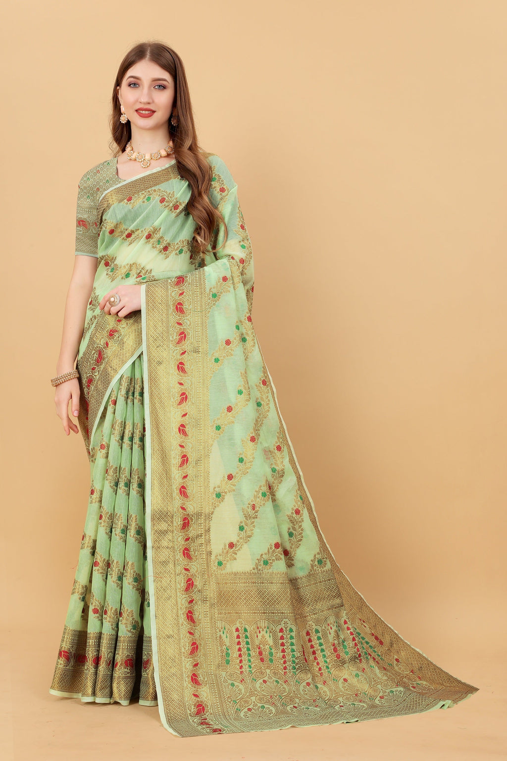 Vedant Vastram Soft Cotton Silk Banarasi Silk Saree - Pista