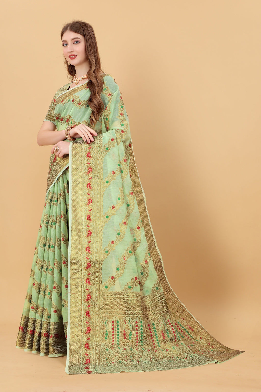 Vedant Vastram Soft Cotton Silk Banarasi Silk Saree - Pista