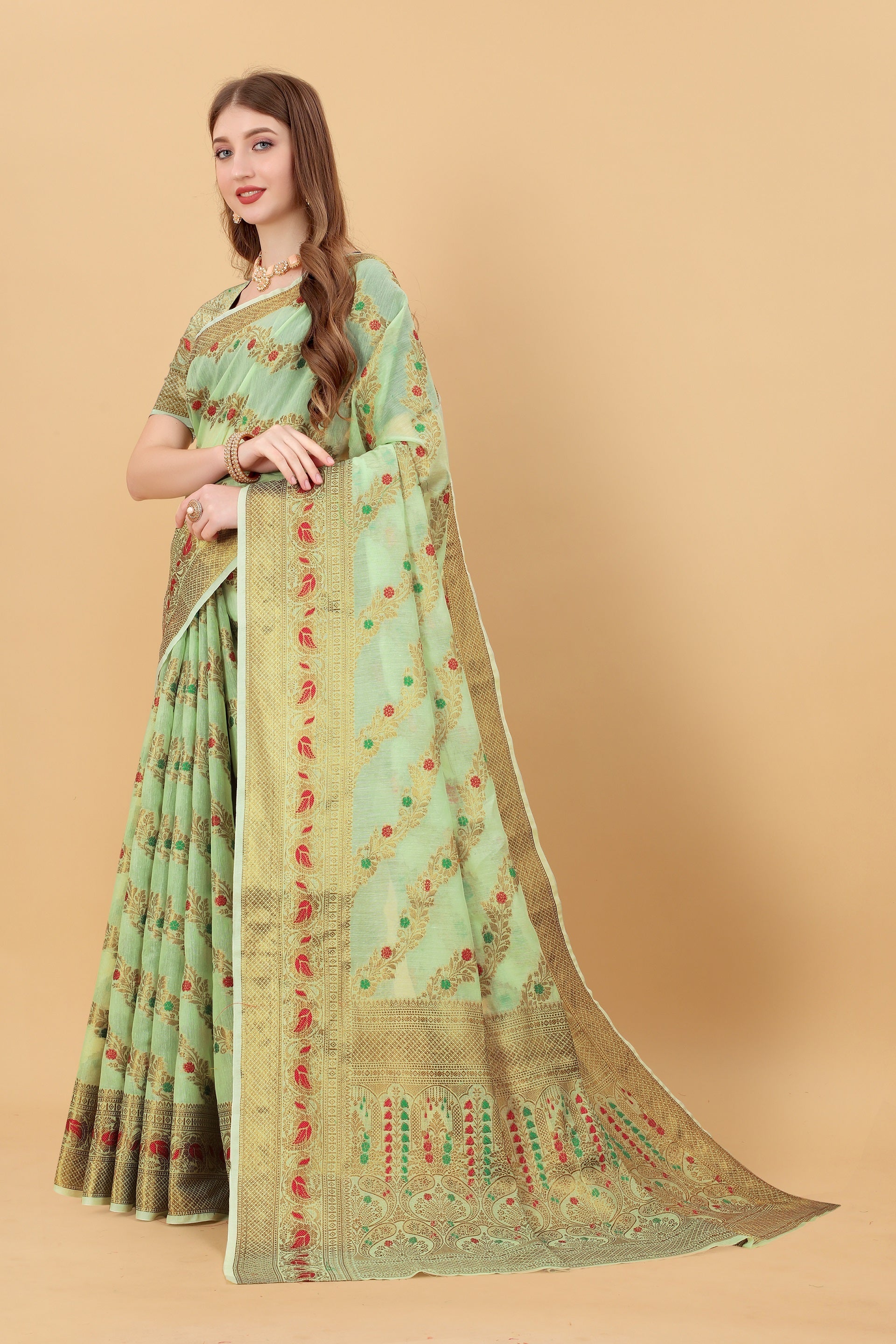 Vedant Vastram Soft Cotton Silk Banarasi Silk Saree - Pista