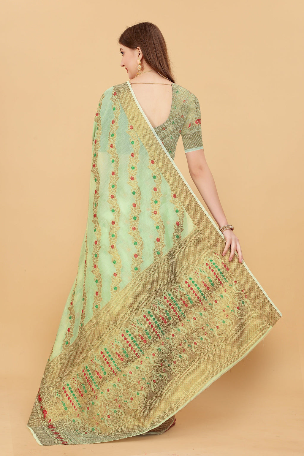 Vedant Vastram Soft Cotton Silk Banarasi Silk Saree - Pista