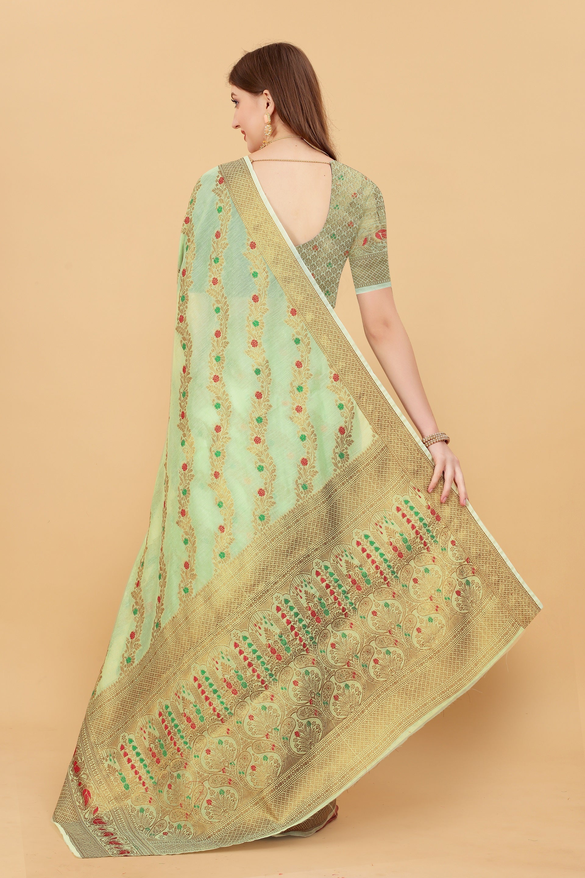 Vedant Vastram Soft Cotton Silk Banarasi Silk Saree - Pista