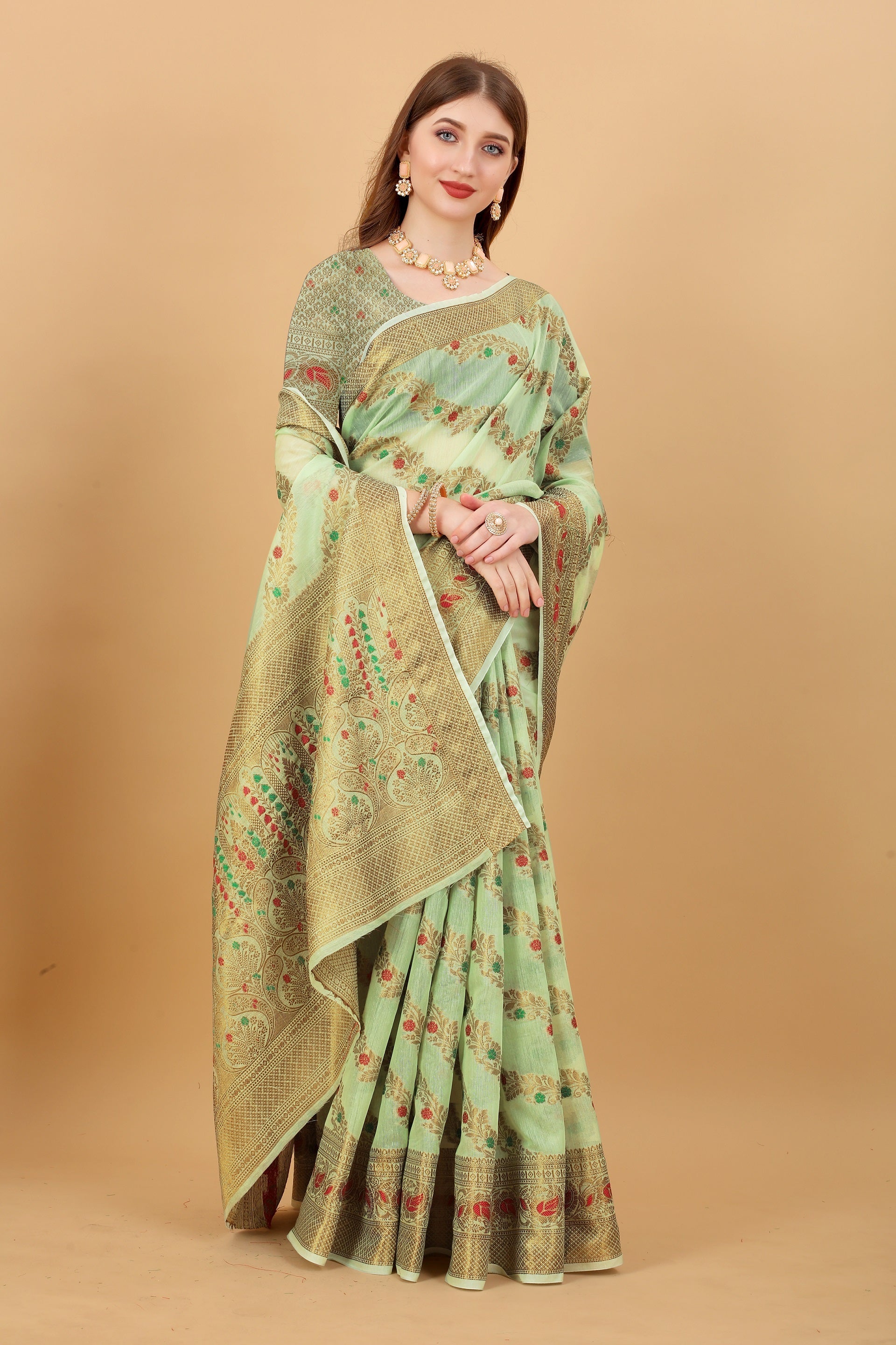 Vedant Vastram Soft Cotton Silk Banarasi Silk Saree - Pista
