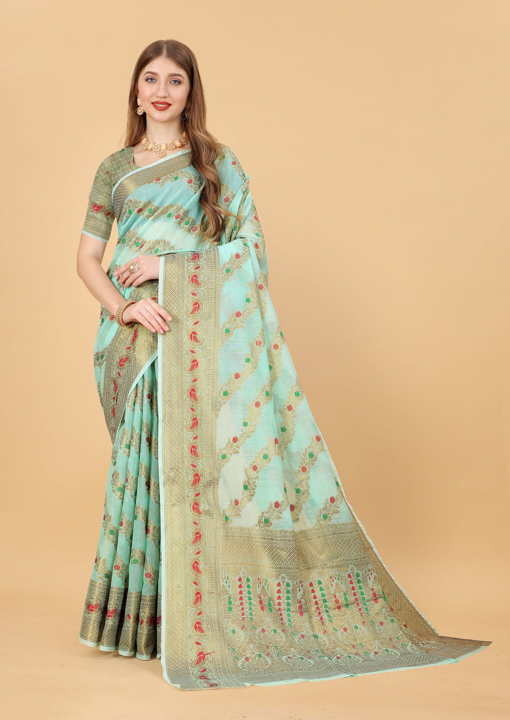 Vedant Vastram Soft Cotton Silk Banarasi Silk Saree - Seegreen