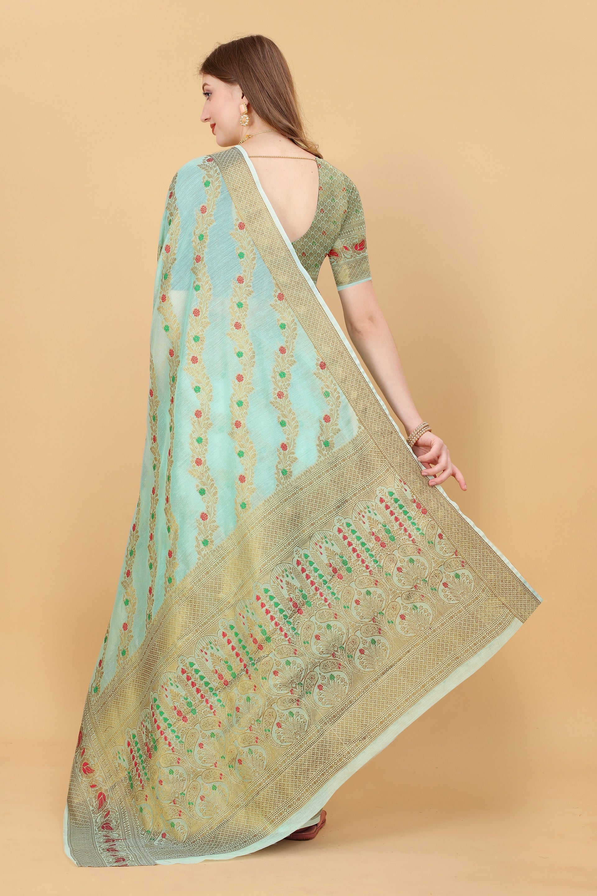 Vedant Vastram Soft Cotton Silk Banarasi Silk Saree - Seegreen