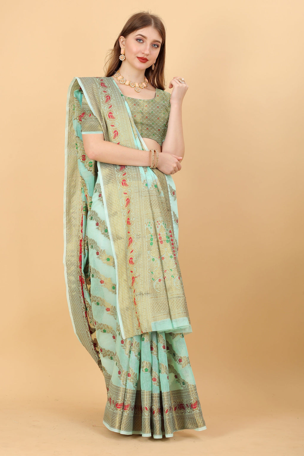 Vedant Vastram Soft Cotton Silk Banarasi Silk Saree - Seegreen